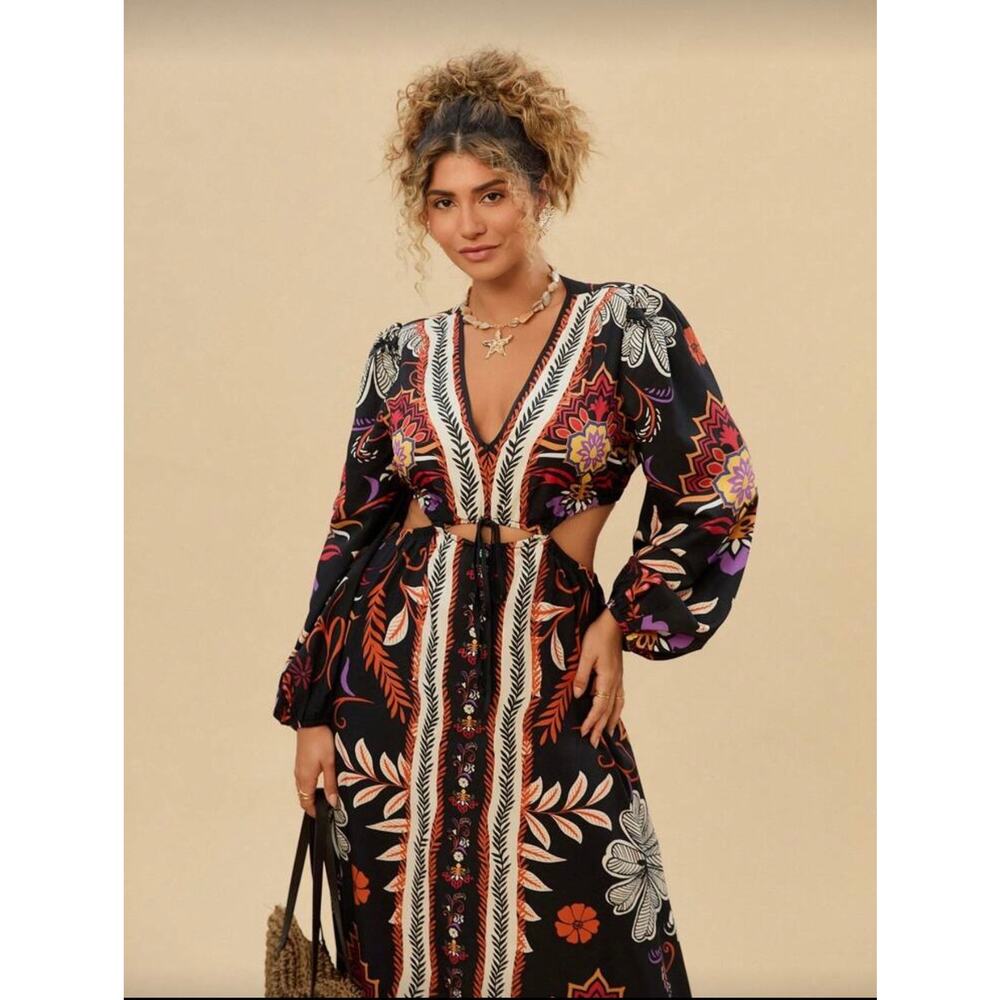 Travachic Plus Size V-Neck Floral Print Lantern Long Elegant Vacation Dress